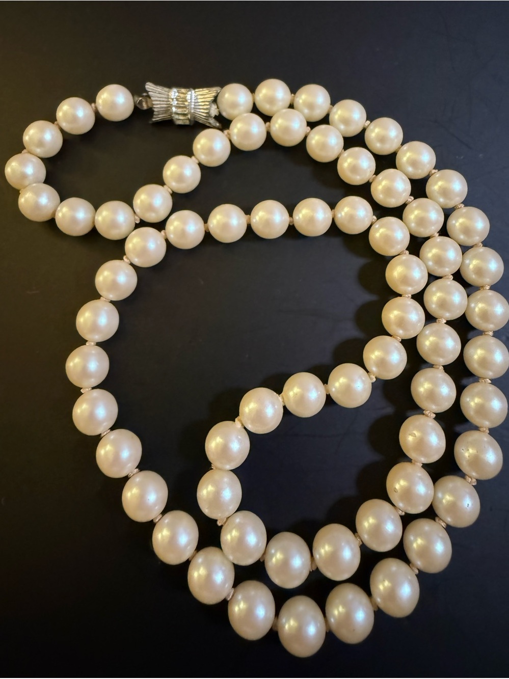 Vintage Double Strand Faux Pearl Necklace Hand Knotted Rhinestone Bow Clasp